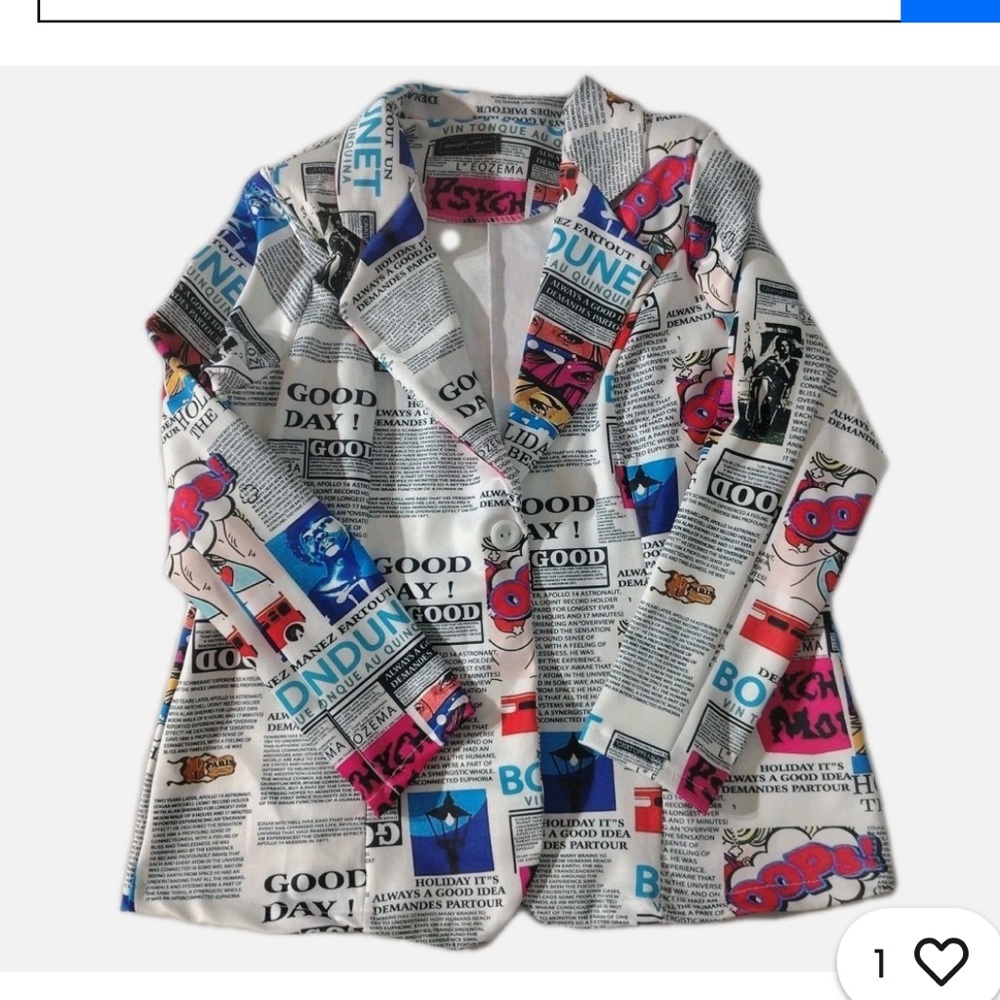Touch Me Newspaper Print Blazer Jacket Sz Large Padded Shoulder Sz medium 6 NWOT